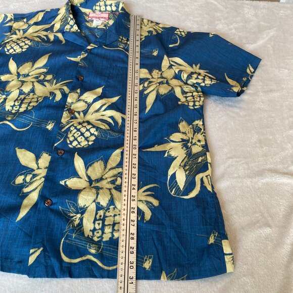 RJC Hawaii Men's XL Pineapple Ukulele Print Blue Aloha Button-Up XL EUC - Picture 4 of 9